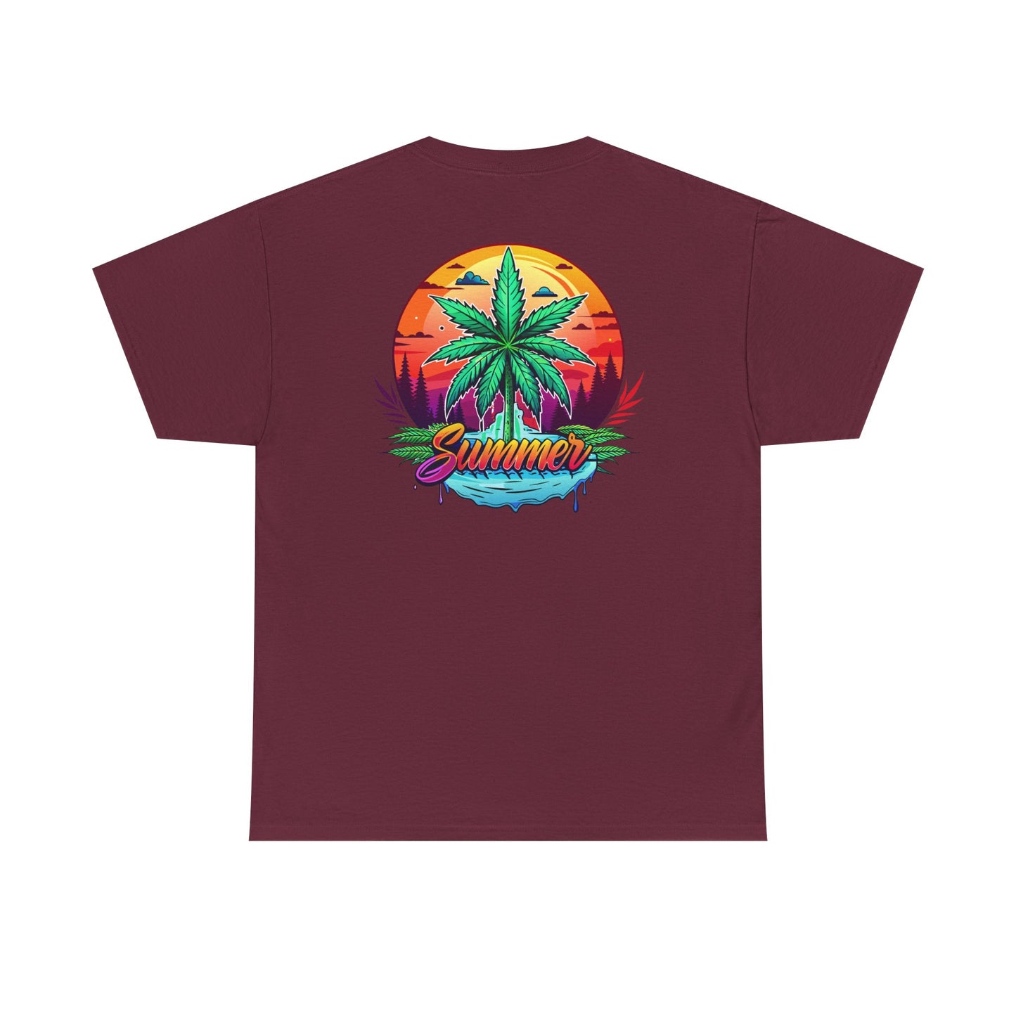 Summer Cannabis Leaf T-Shirt – Retro Tropical Sunset Tee Both