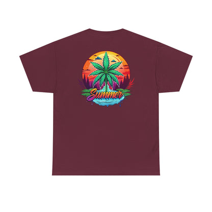 Summer Cannabis Leaf T-Shirt – Retro Tropical Sunset Tee Both