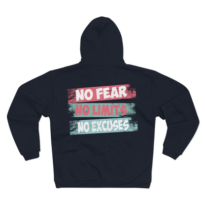 Motivational Unisex Hooded Zip Sweatshirt - No Fear, No Limits, No Excuses