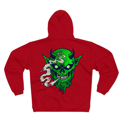 Smoking Goblin Zip Hoodie — Neon Green Demon Skull Back Graphic
