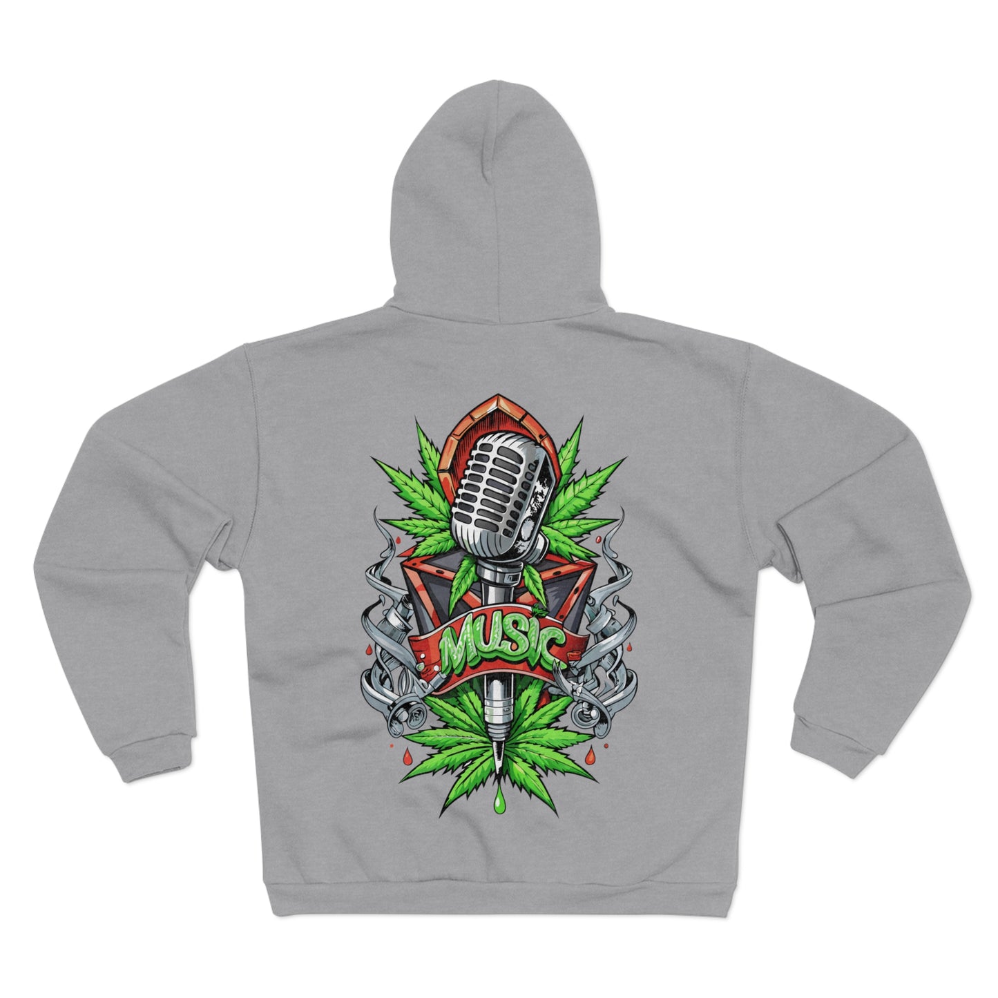 Music Microphone Zip Hoodie — Retro Mic & Leaf Graphic Zip Hoodie