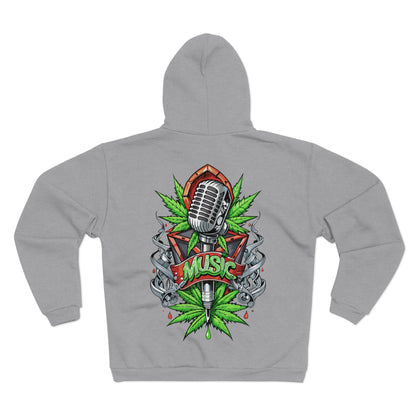 Music Microphone Zip Hoodie — Retro Mic & Leaf Graphic Zip Hoodie