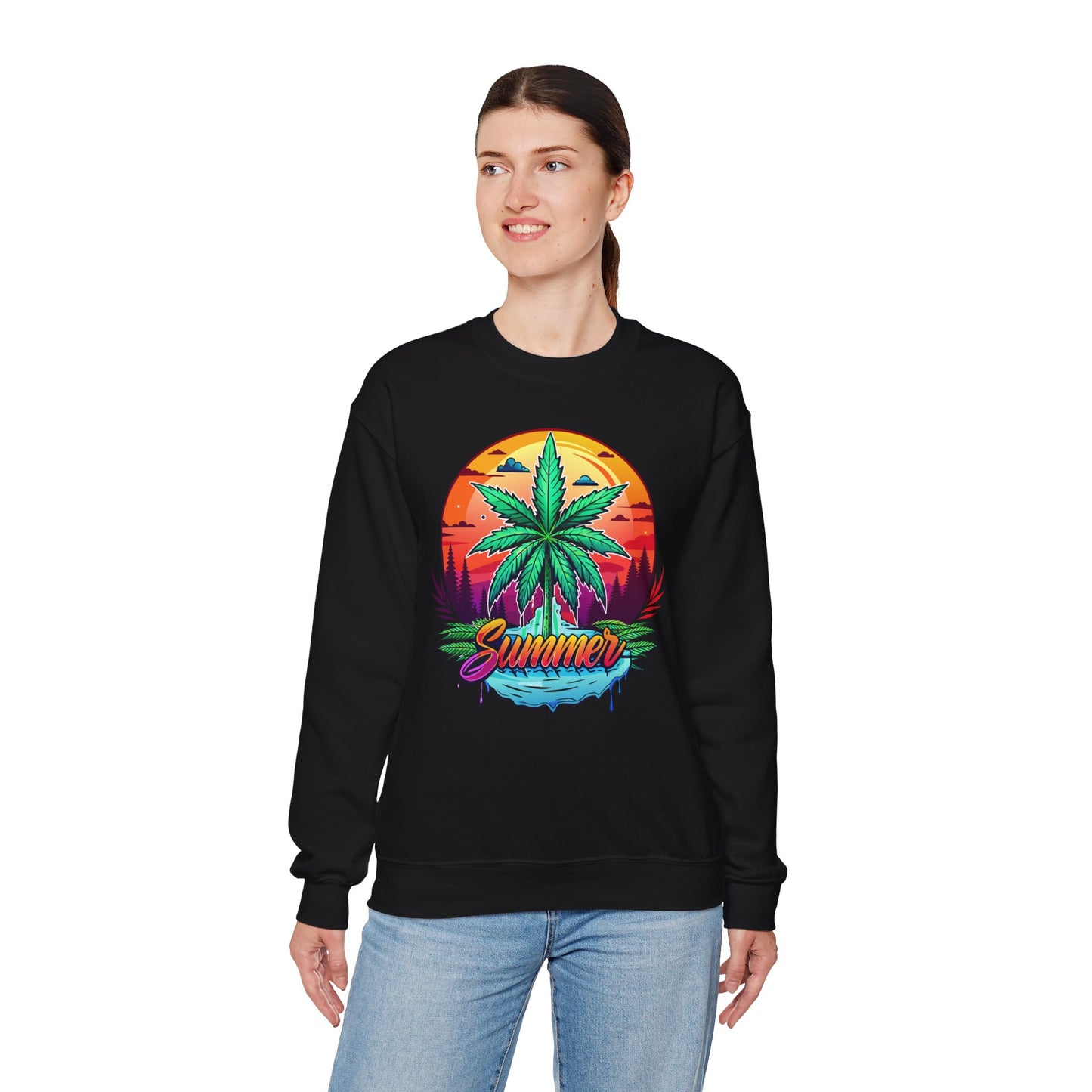 Summer Cannabis Leaf Swaetshirt – Retro Tropical Sunset