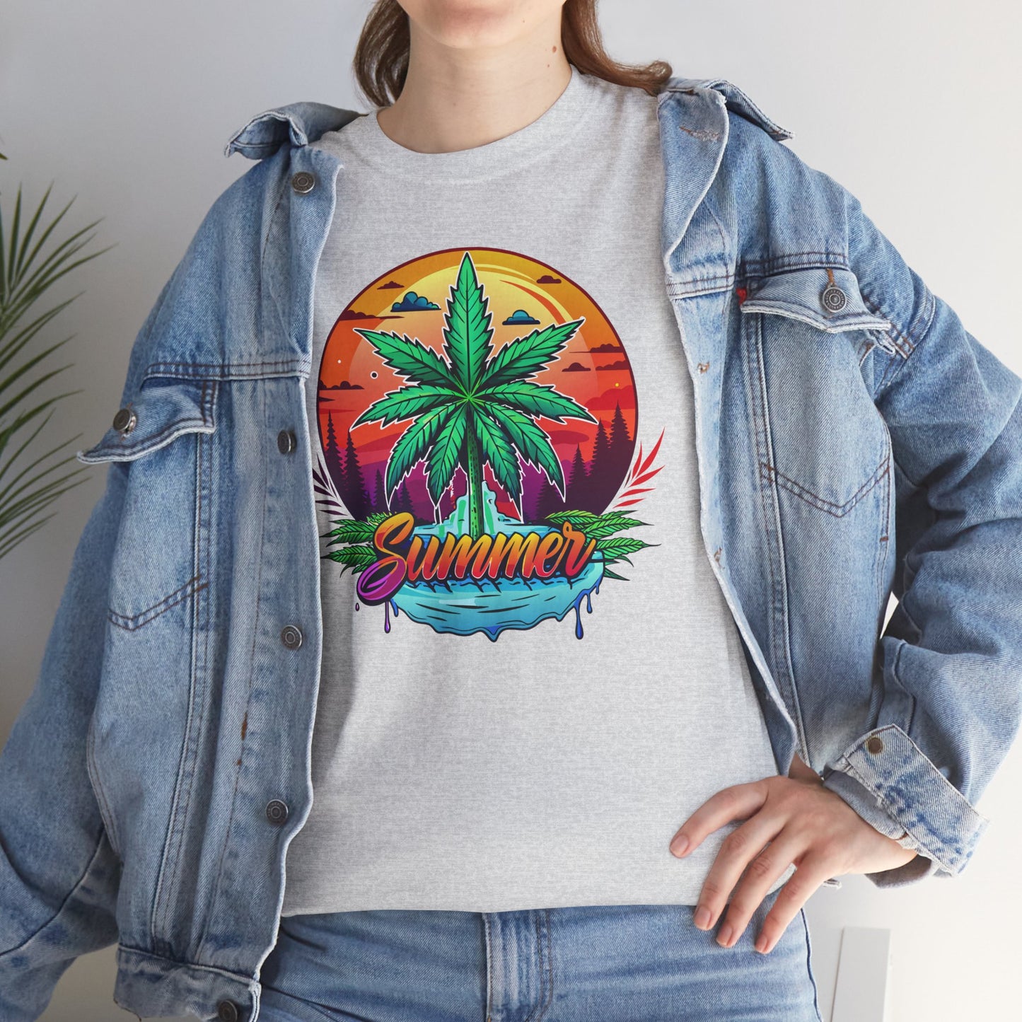 Summer Cannabis Leaf T-Shirt – Retro Tropical Sunset Tee
