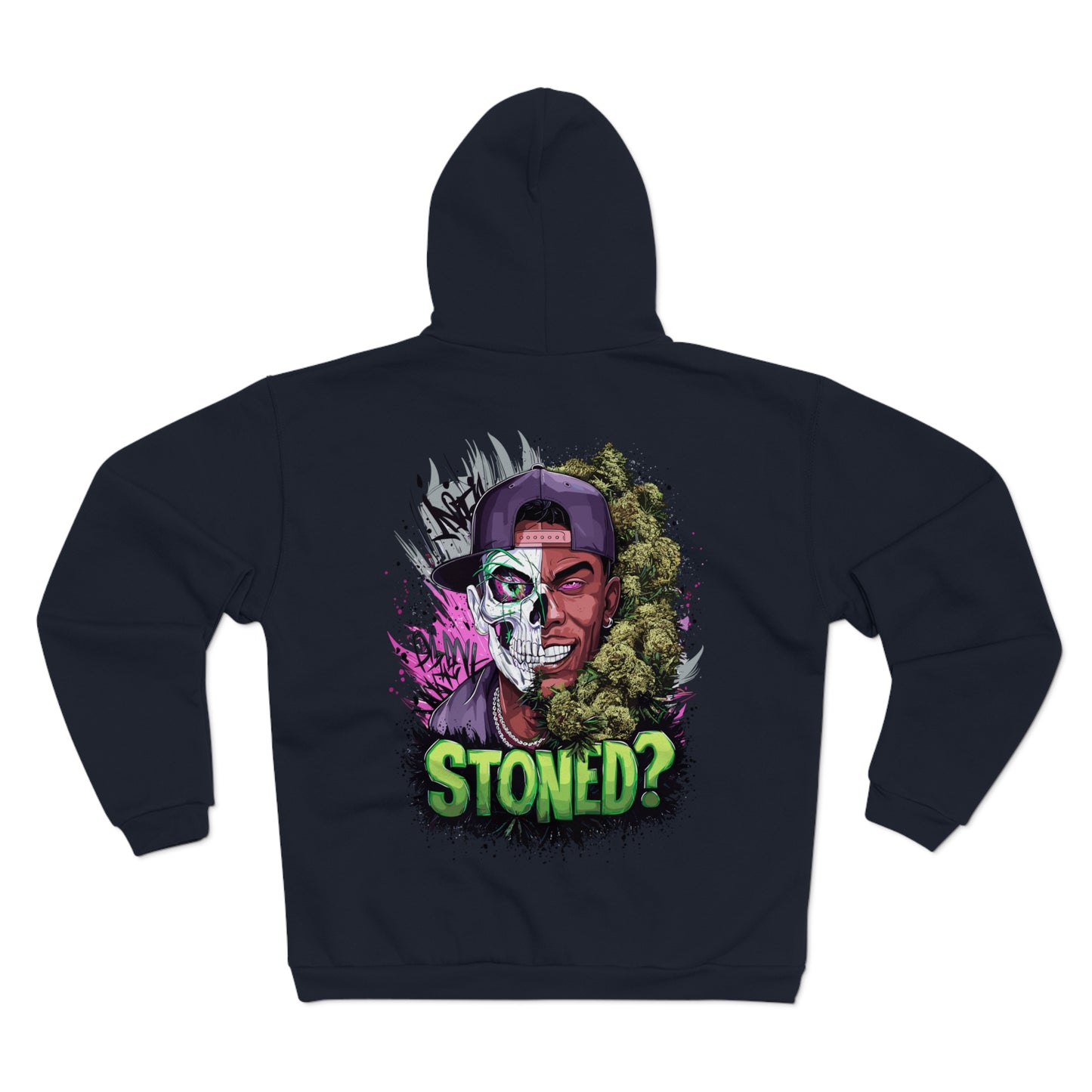 Zip Hoodie — 'Stoned?' Skull Face Graphic Zip for Cannabis Lovers