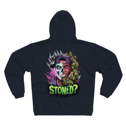 Zip Hoodie — 'Stoned?' Skull Face Graphic Zip for Cannabis Lovers