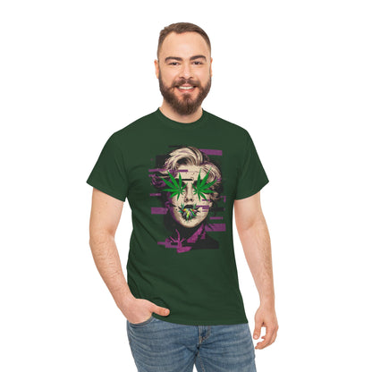 Vintage Portrait Tee — Glitch Art Face with Cannabis Leaf Mask