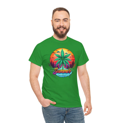 Summer Cannabis Leaf T-Shirt – Retro Tropical Sunset Tee Both