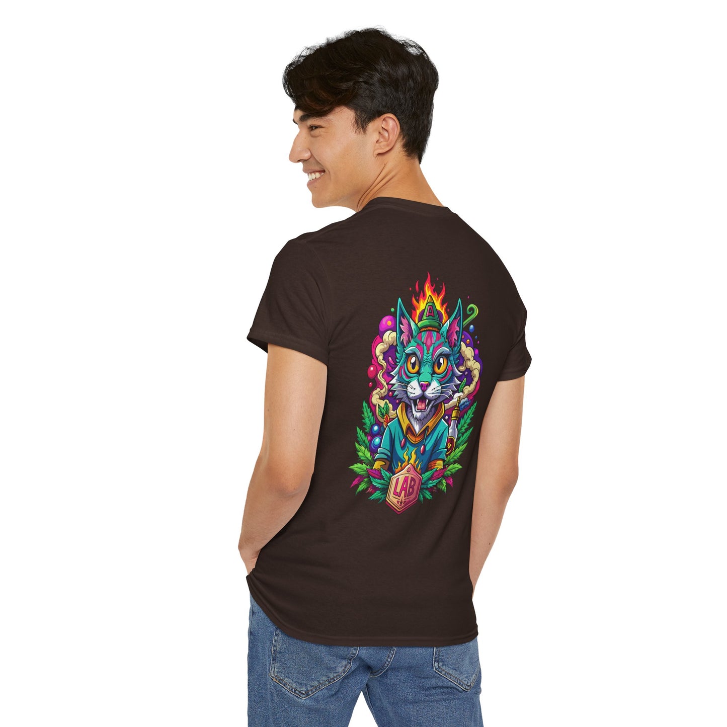Psychedelic Flame Cat Graphic Tee — Colorful Trippy Cat Design