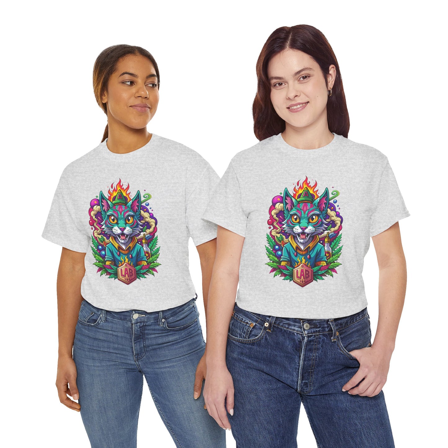 Psychedelic Flame Cat Graphic Tee — Colorful Trippy Cat Design