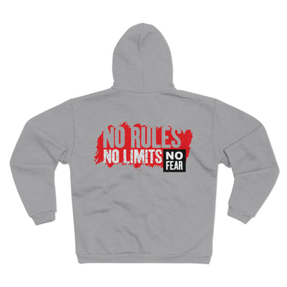 Unisex Zip Sweatshirt - "No Rules, No Limits, No Fear" Motivational Hoodie