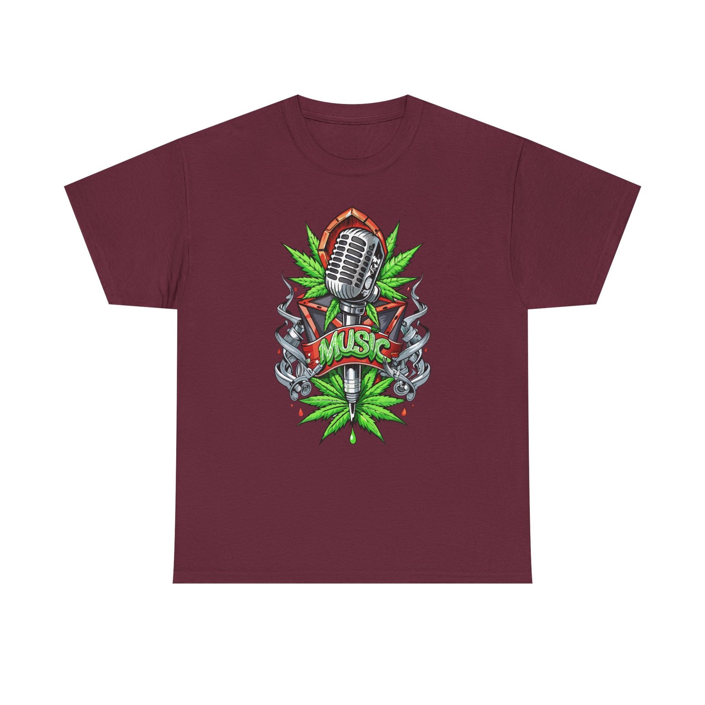 Music Microphone Tee — Retro Mic & Leaf Graphic T-Shirt
