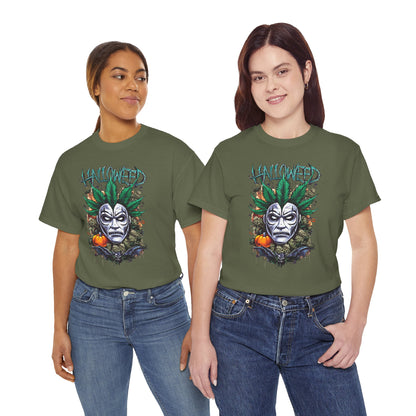 Hallowed Harvest Tee — Halloween Mask & Pumpkin Graphic T-Shirt