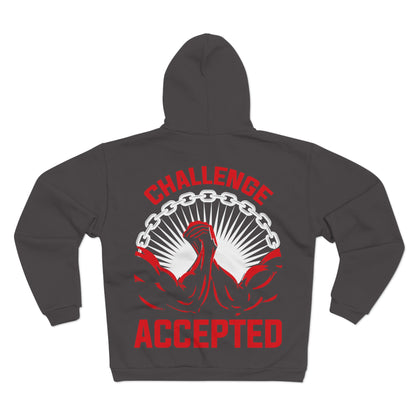 Motivational Unisex Hooded Zip Sweatshirt - 'Challenge Accepted' Fitness Hoodie