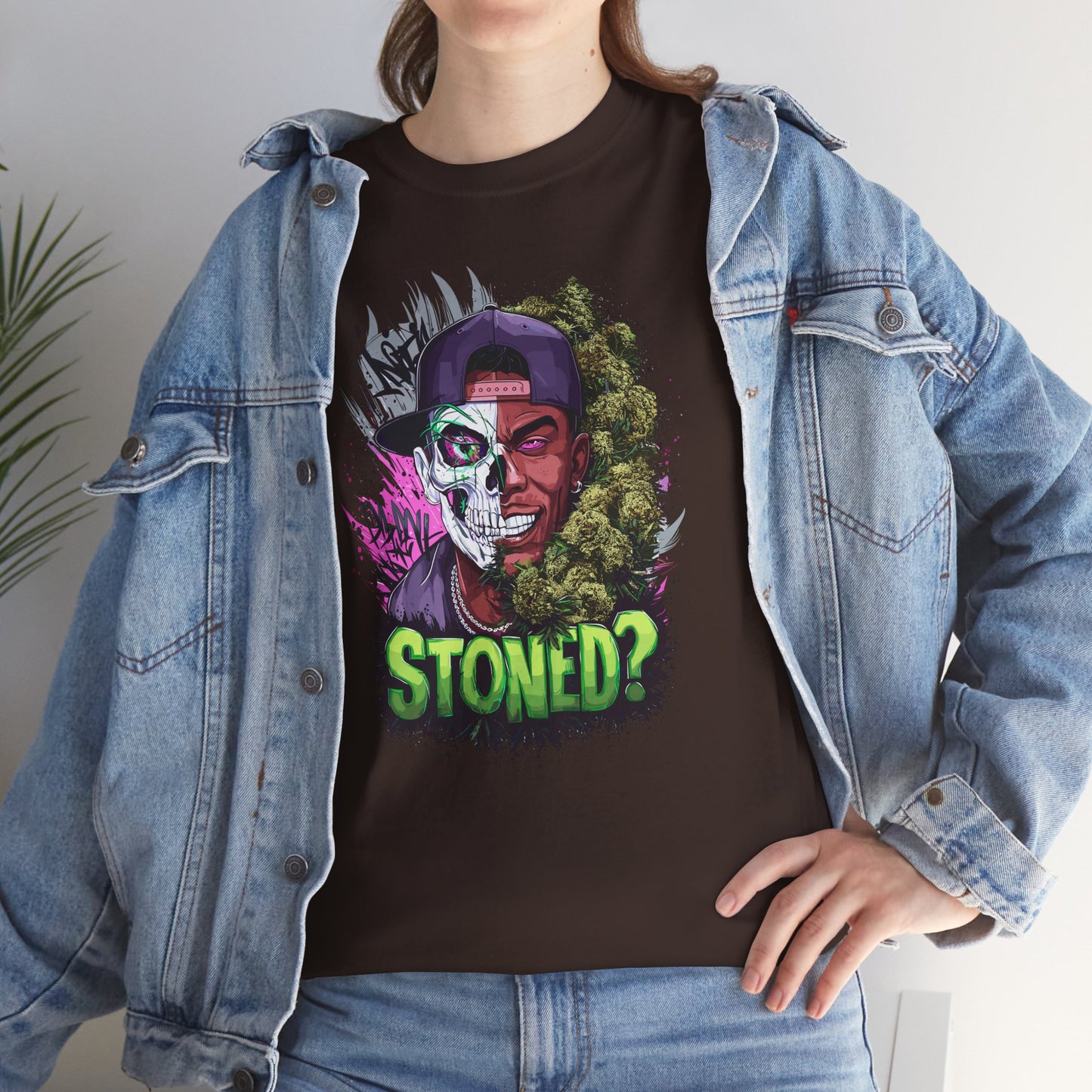 T-Shirt — 'Stoned?' Skull Face Graphic Tee for Cannabis Lovers