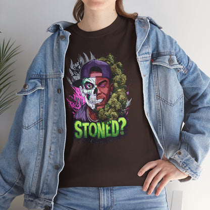 T-Shirt — 'Stoned?' Skull Face Graphic Tee for Cannabis Lovers