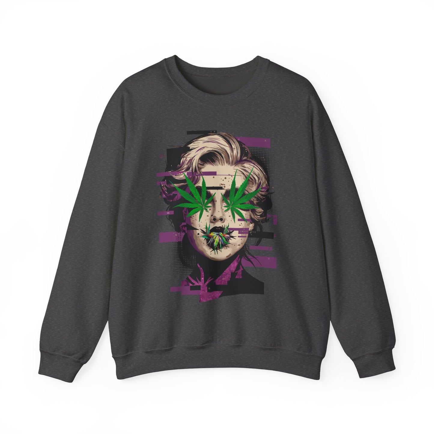 Vintage Portrait Sweatshirt — Glitch Art Face with Cannabis Leaf Mask