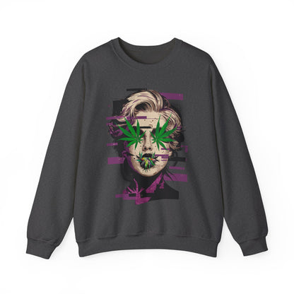Vintage Portrait Sweatshirt — Glitch Art Face with Cannabis Leaf Mask
