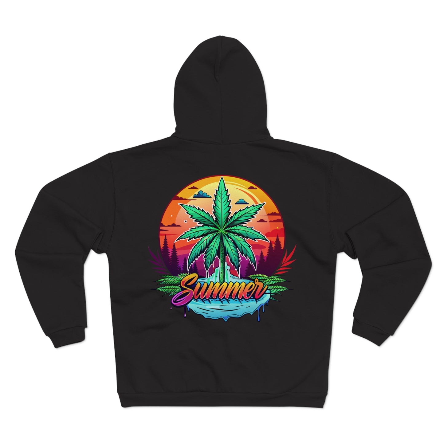 Summer Cannabis Leaf Zip Hoodie – Retro Tropical Sunset