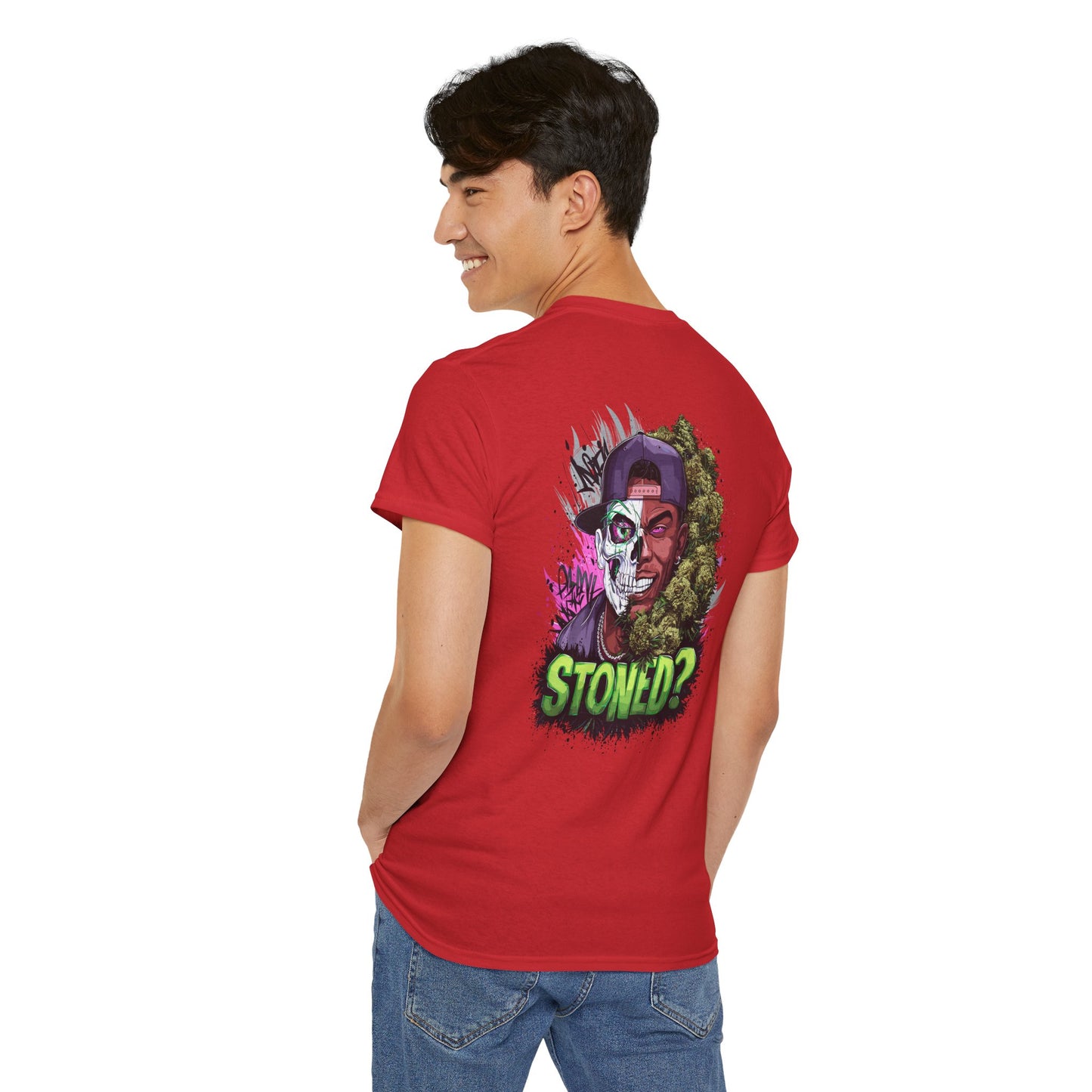 T-Shirt — 'Stoned?' Skull Face Graphic Tee for Cannabis Lovers