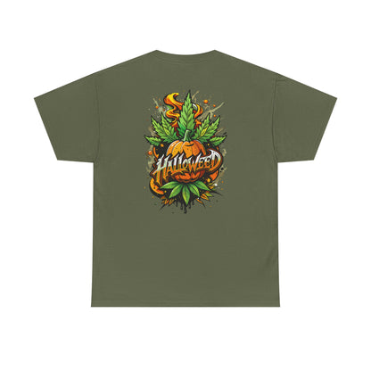 Hallowed Harvest Tee — Halloween Mask & Pumpkin Graphic T-Shirt
