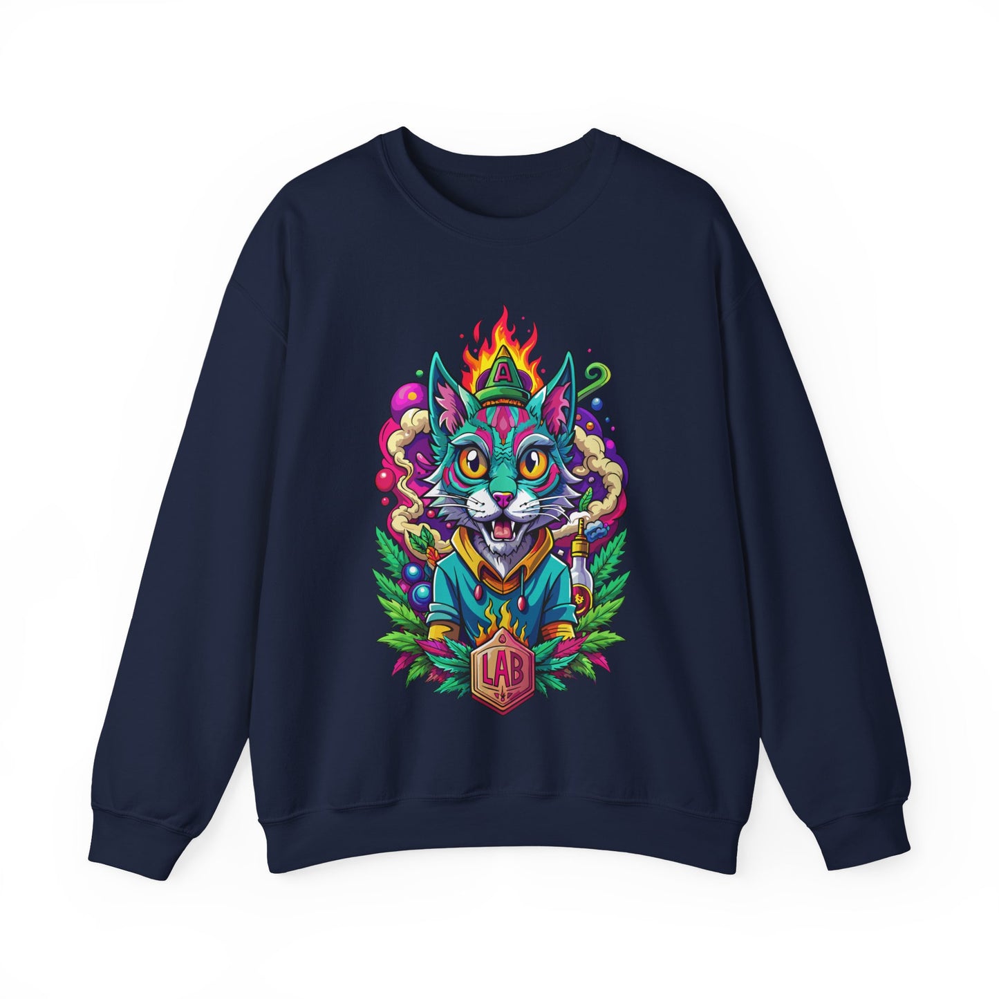 Psychedelic Flame Cat Graphic Sweatshirt — Colorful Trippy Cat Design
