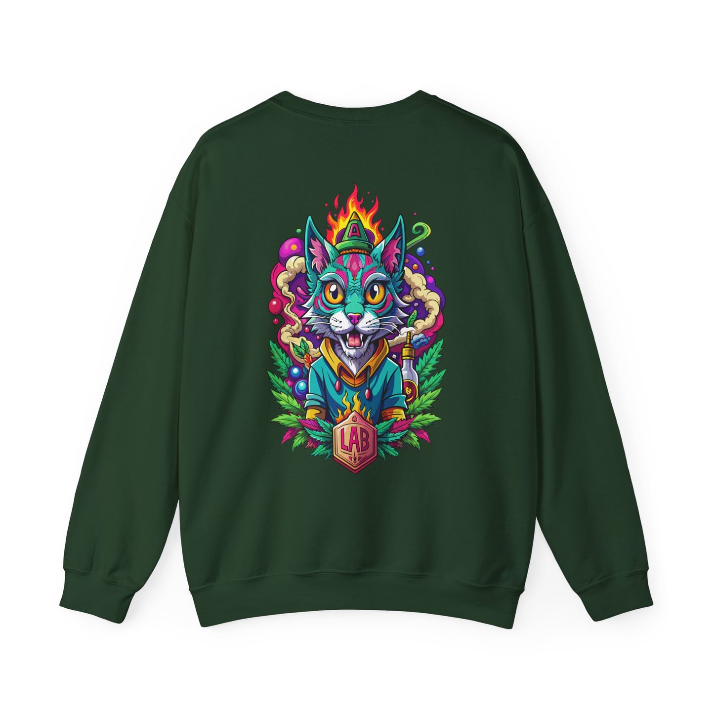 Psychedelic Flame Cat Graphic Sweatshirt — Colorful Trippy Cat Design
