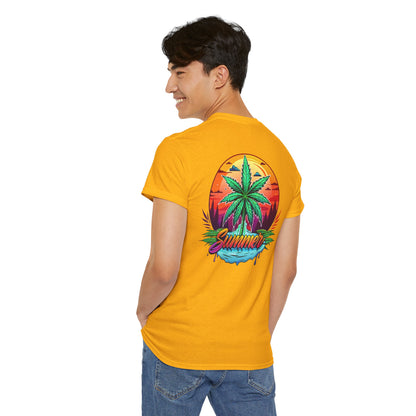 Summer Cannabis Leaf T-Shirt – Retro Tropical Sunset Tee Both