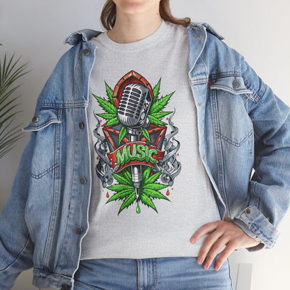 Music Microphone Tee — Retro Mic & Leaf Graphic T-Shirt