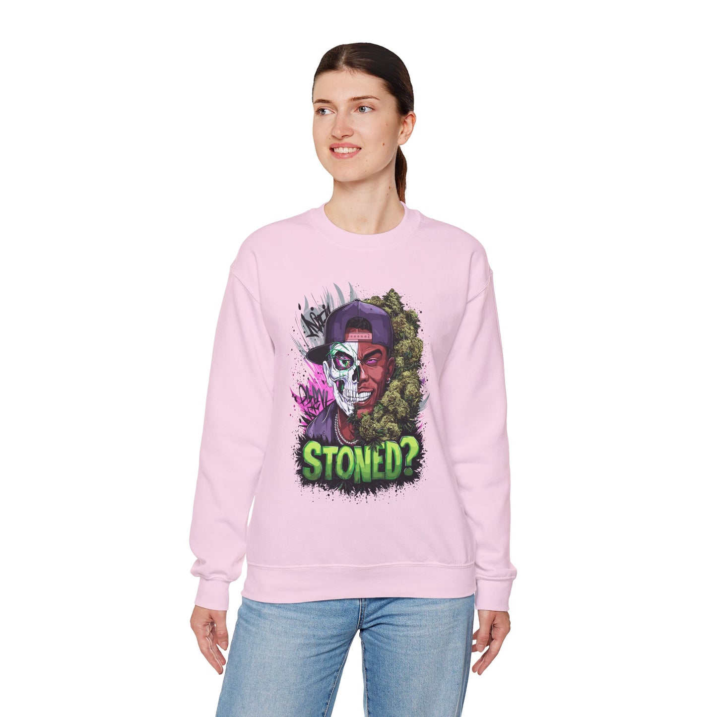 Sweatshirt— 'Stoned?' Skull Face Graphic for Cannabis Lovers