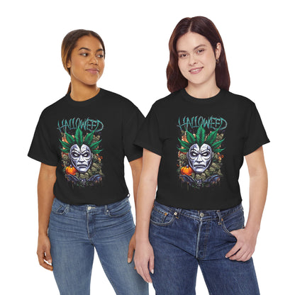 Hallowed Harvest Tee — Halloween Mask & Pumpkin Graphic T-Shirt