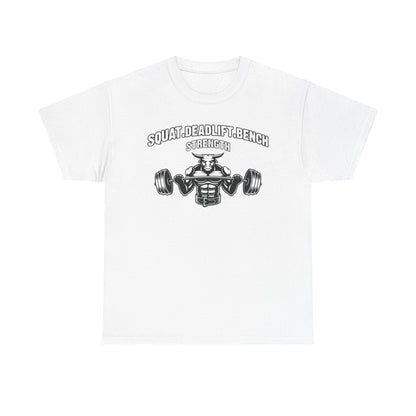 Strength Training Unisex Heavy Cotton Tee - Squat, Deadlift, Bench Design