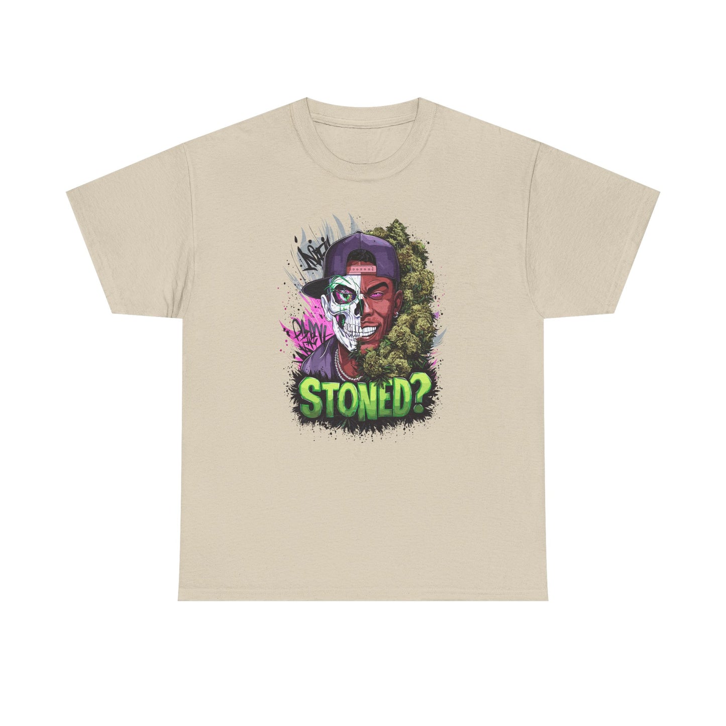 T-Shirt — 'Stoned?' Skull Face Graphic Tee for Cannabis Lovers