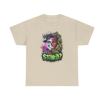 T-Shirt — 'Stoned?' Skull Face Graphic Tee for Cannabis Lovers