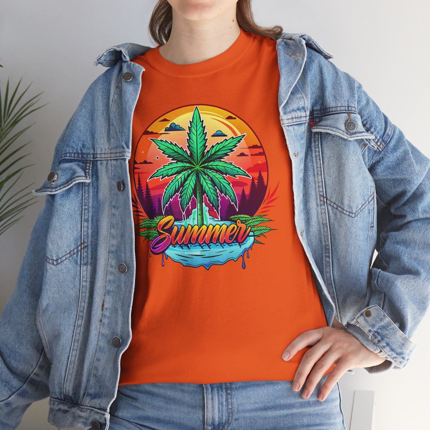 Summer Cannabis Leaf T-Shirt – Retro Tropical Sunset Tee