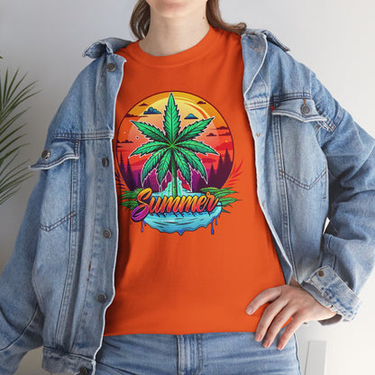 Summer Cannabis Leaf T-Shirt – Retro Tropical Sunset Tee