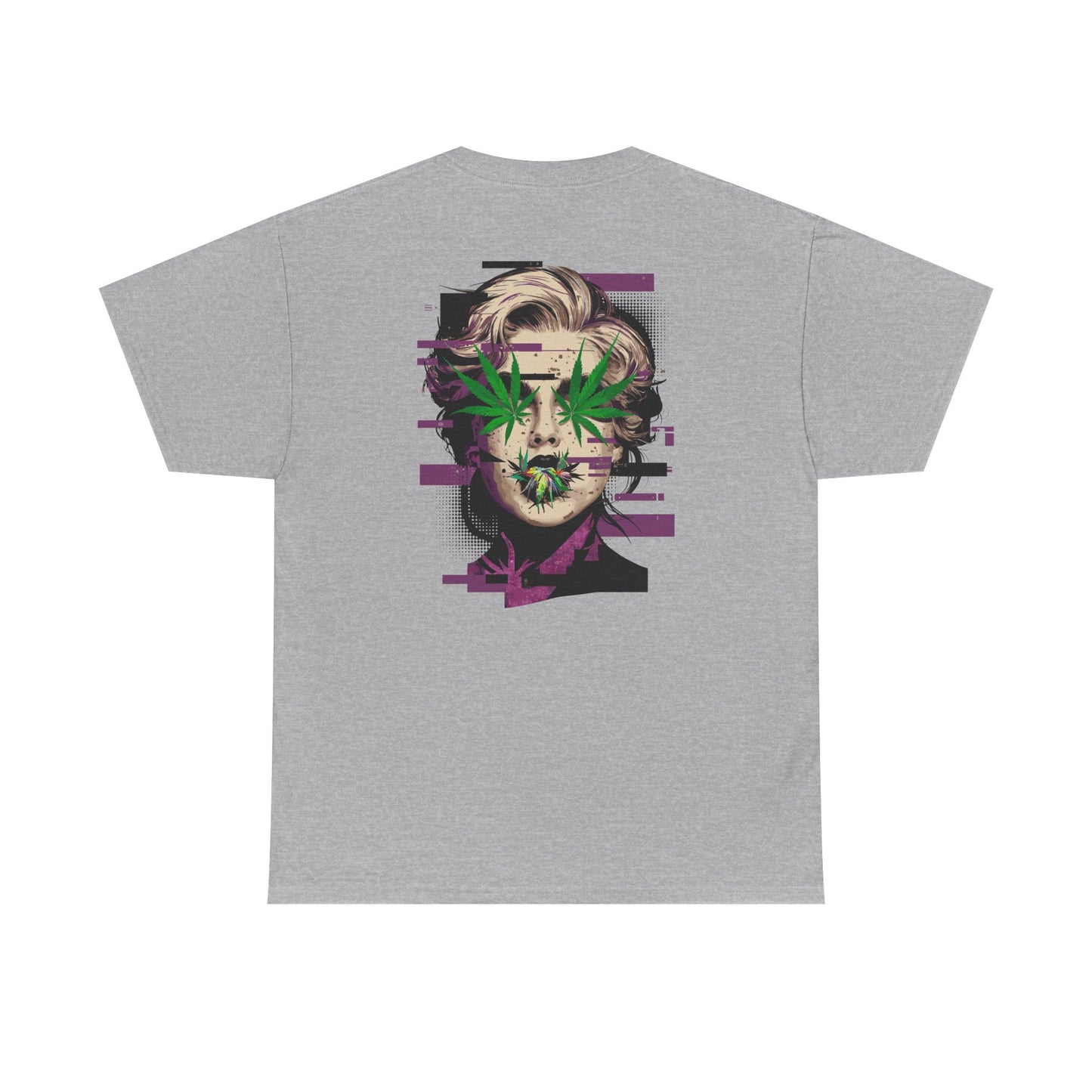 Vintage Portrait Tee — Glitch Art Face with Cannabis Leaf Mask