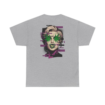 Vintage Portrait Tee — Glitch Art Face with Cannabis Leaf Mask