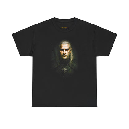 Dark Fantasy Portrait Tee — Grizzled Witcher-Style Hero Graphic Shirt