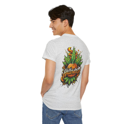 Hallowed Harvest Tee — Halloween Mask & Pumpkin Graphic T-Shirt
