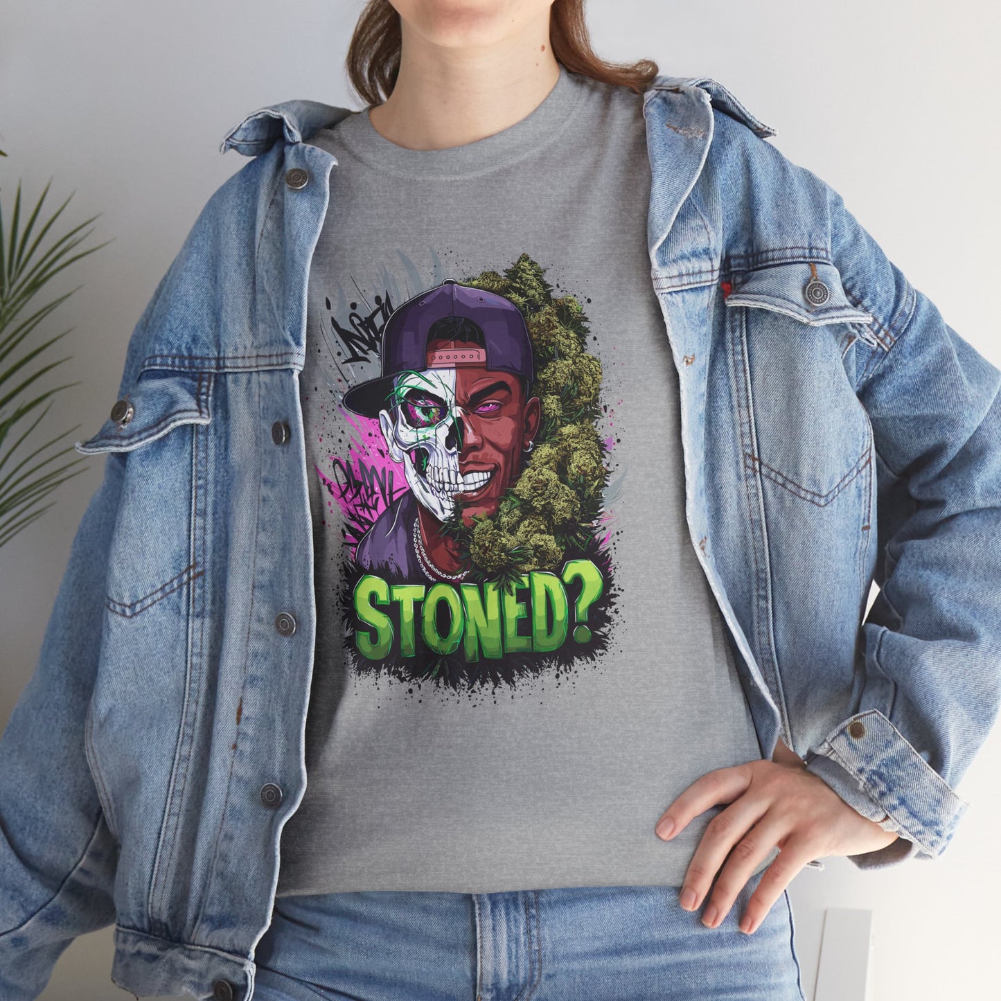 T-Shirt — 'Stoned?' Skull Face Graphic Tee for Cannabis Lovers