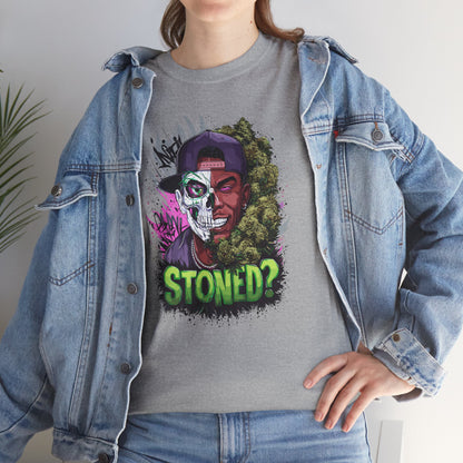 T-Shirt — 'Stoned?' Skull Face Graphic Tee for Cannabis Lovers