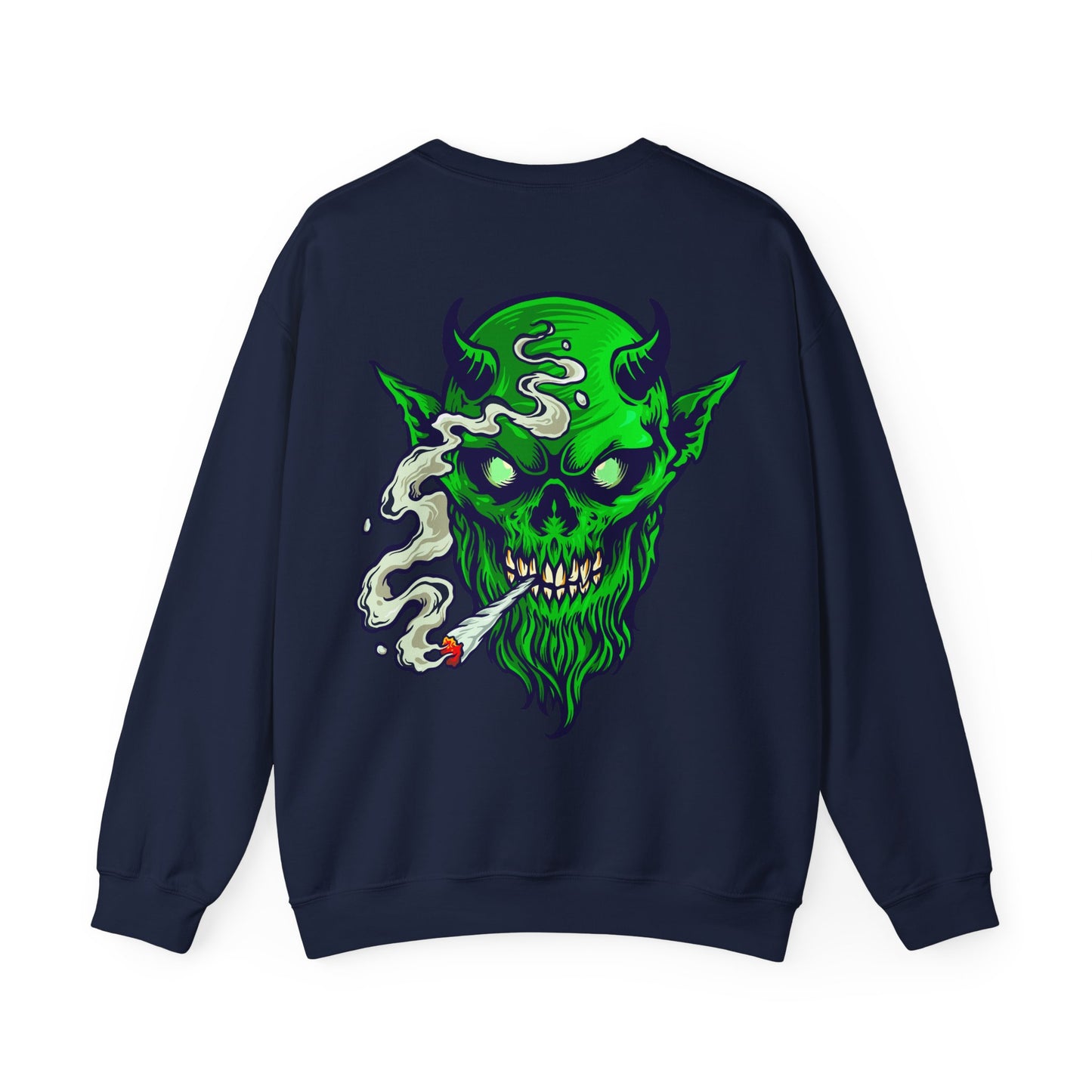 Smoking Green Demon Skull Sweatshirt — Creepy Stoner Graphic