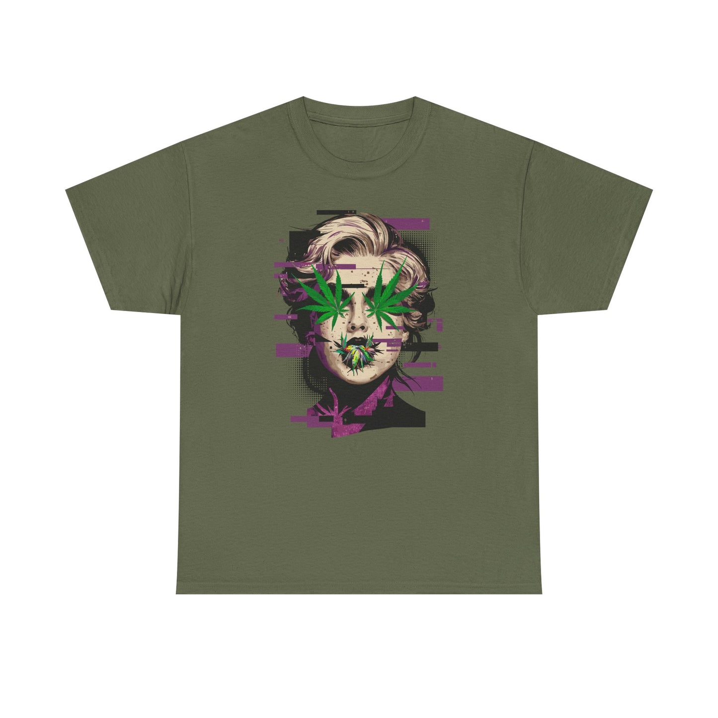 Vintage Portrait Tee — Glitch Art Face with Cannabis Leaf Mask