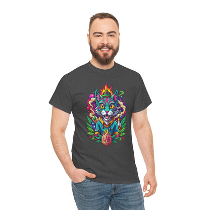 Psychedelic Flame Cat Graphic Tee — Colorful Trippy Cat Design