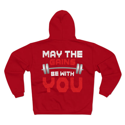 Fitness Motivation Unisex Hooded Zip Sweatshirt - 'May The Gains Be With You'