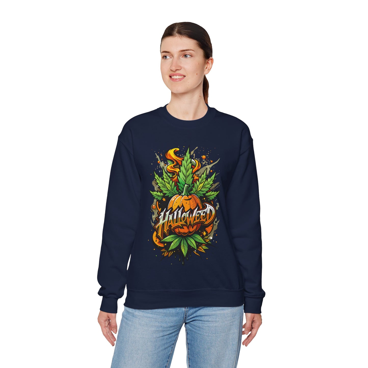 Halloween Pumpkin Graphic Sweatshirt — 'Halloween' Pumpkin & Leaves Illustration