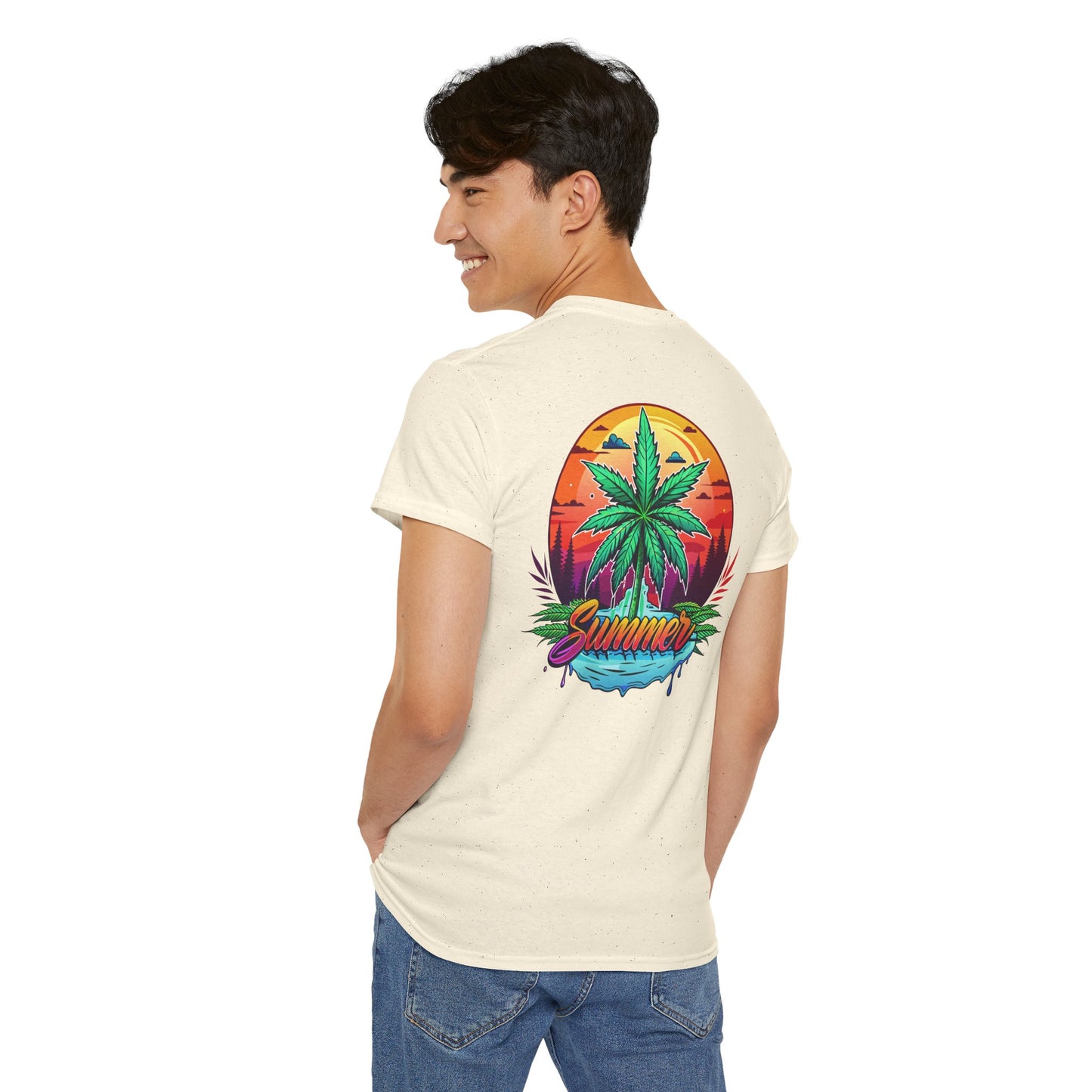 Summer Cannabis Leaf T-Shirt – Retro Tropical Sunset Tee Both