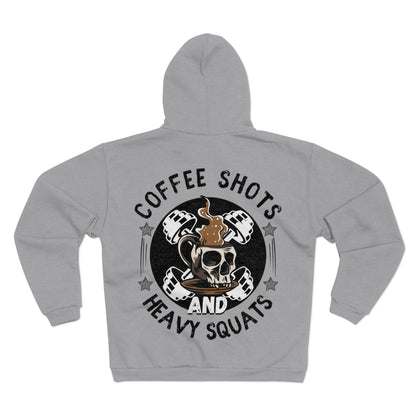 Funny Coffee and Heavy Squats Unisex Hooded Zip Sweatshirt - Perfect for Fitness Enthusiasts