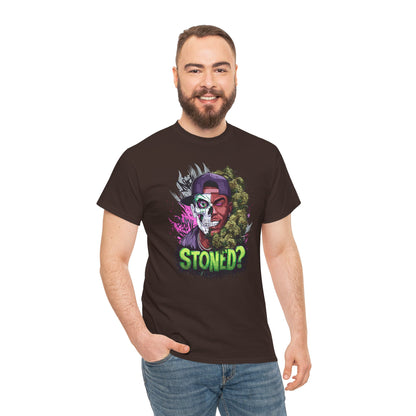 T-Shirt — 'Stoned?' Skull Face Graphic Tee for Cannabis Lovers